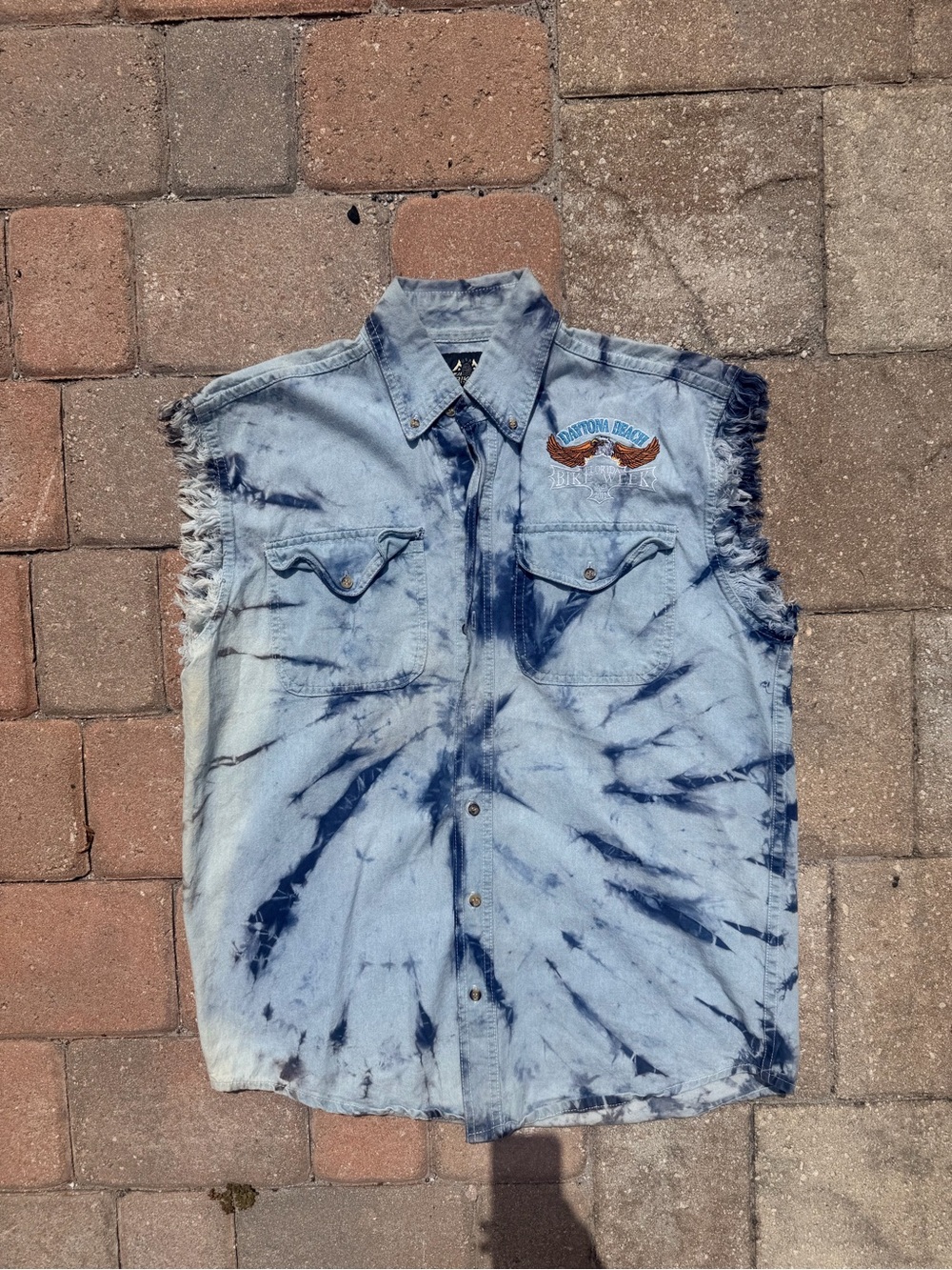 2011 Daytona Bike Week 70th Anniversary Tie Dye Denim Biker Shirt Vest L